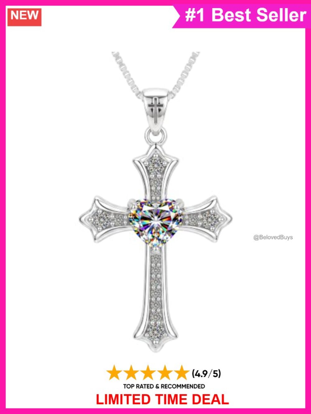 Moissanite Cross Necklace S925 Sterling Silver 14K White Gold Plated Pendant